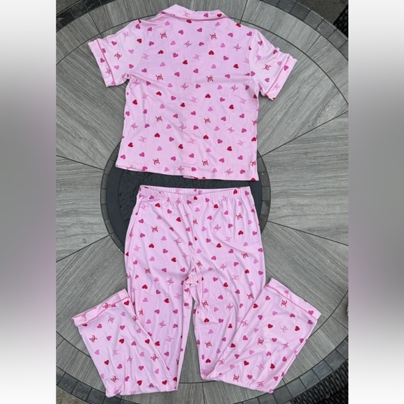 Juicy Couture Heart Logo Pajama Set Sleepwear Shirt/Pants JC Toss Pink  New - Picture 3 of 9